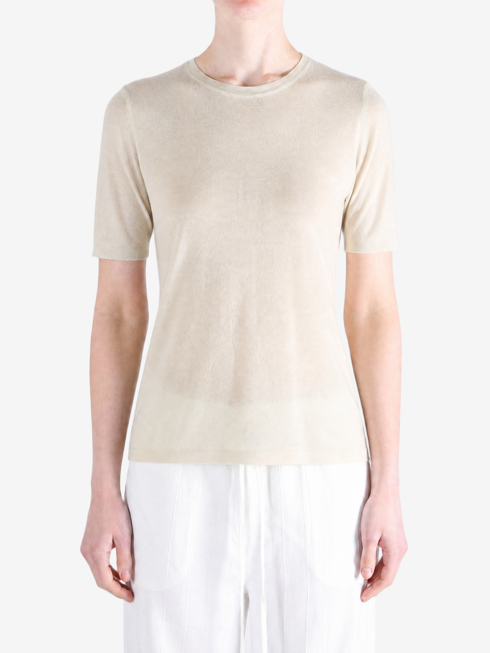 Tan t-shirt worn by a person, showing the t-shirt fit