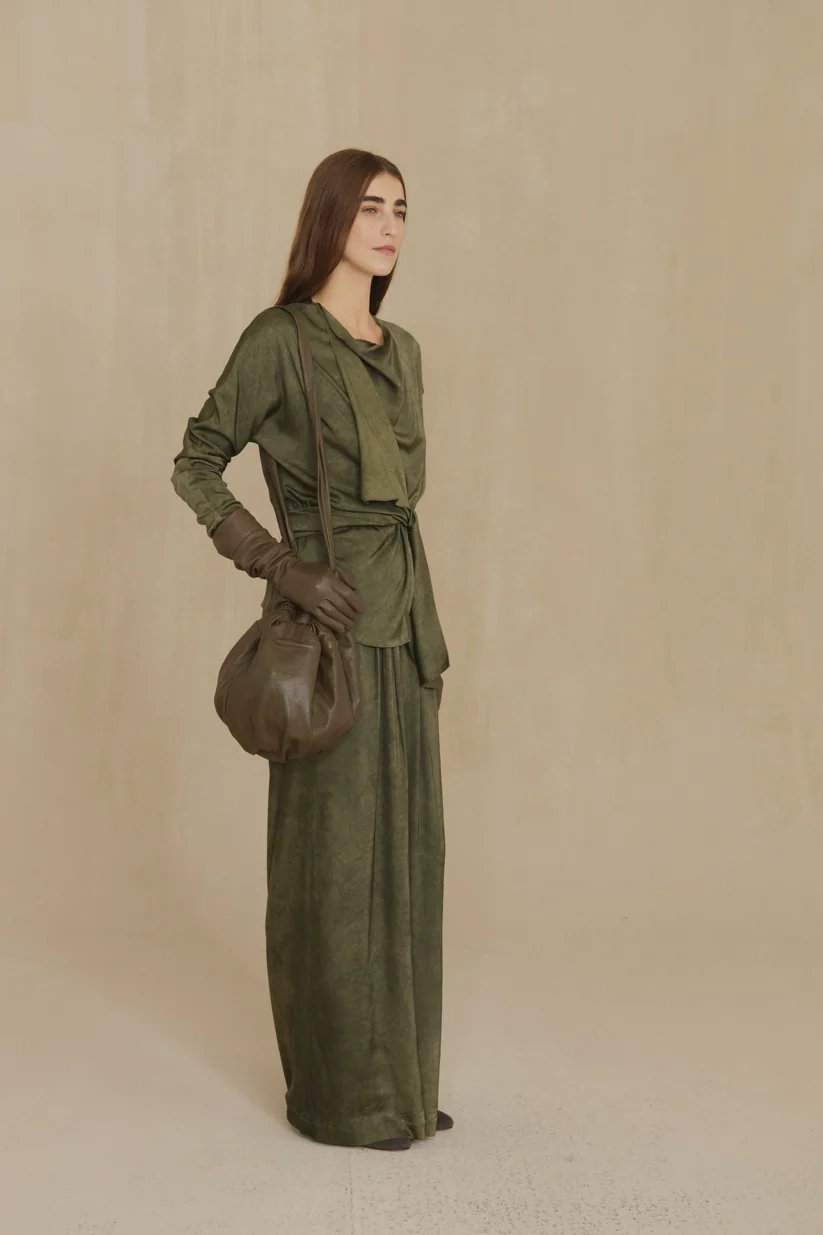 Green pants, full body view
