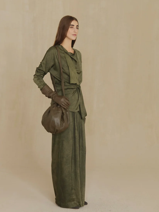 Green pants, full body view