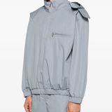 Grey windbreaker worn by a person, showing the windbreaker fit