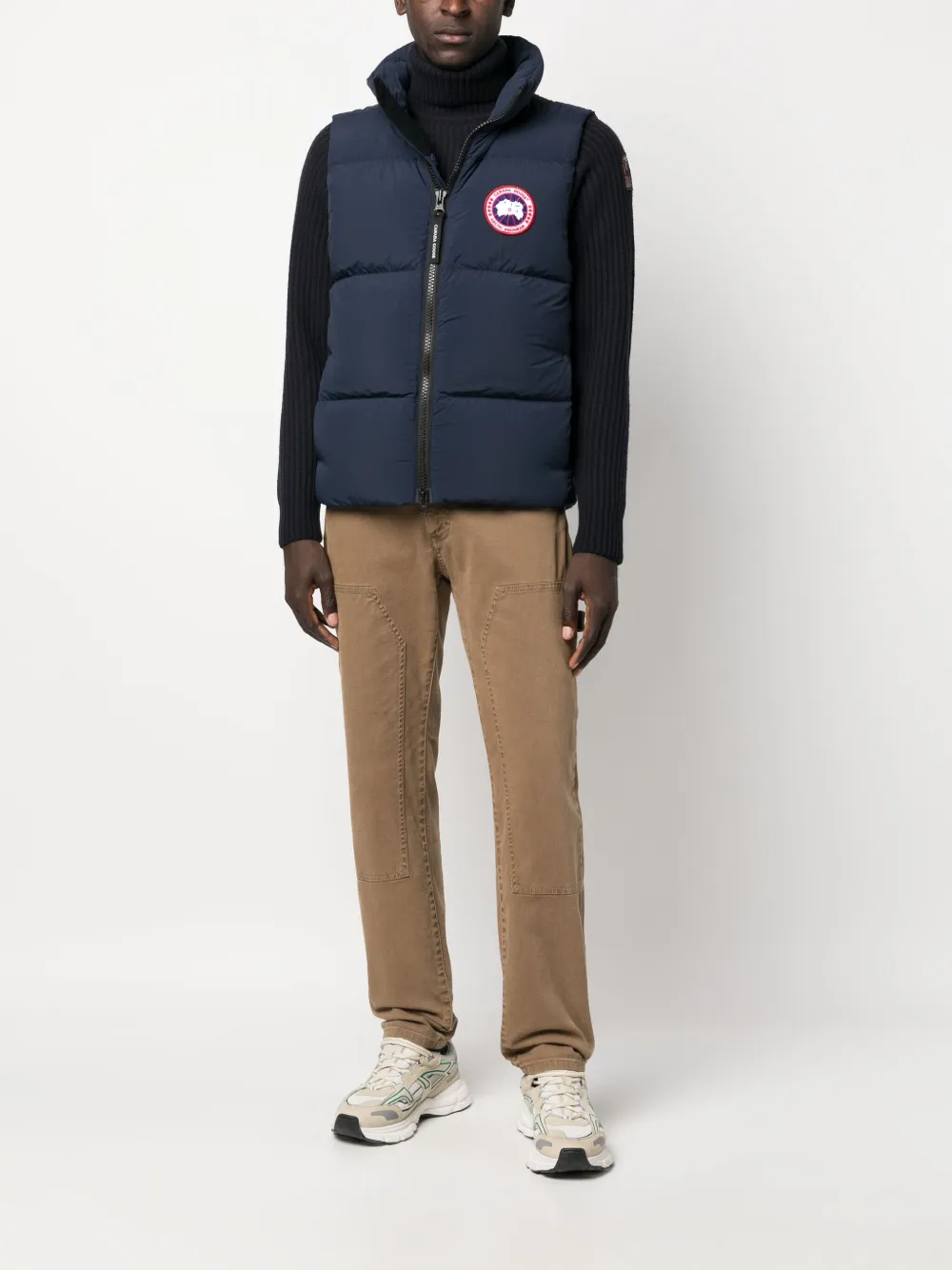 Navy jacket, full body view