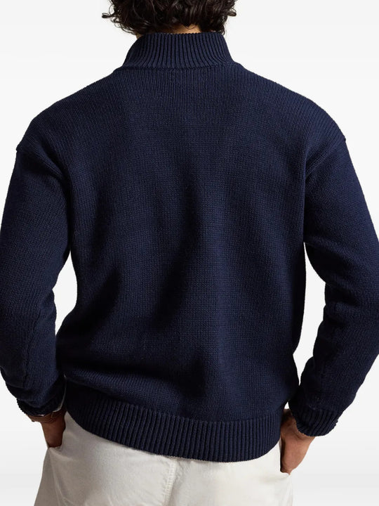 Navy hoodie, full body view