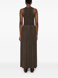 Brown sleeveless dress, full body view