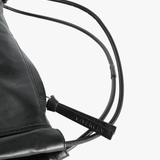 Close up of balck bag, showing texture of the leather fabric