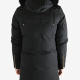 Black coat worn by a person, showing the coat's fit