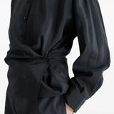 Close up of the black shirt, showing texture of the silk and nylon fabric