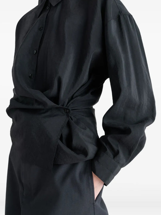Close up of the black shirt, showing texture of the silk and nylon fabric