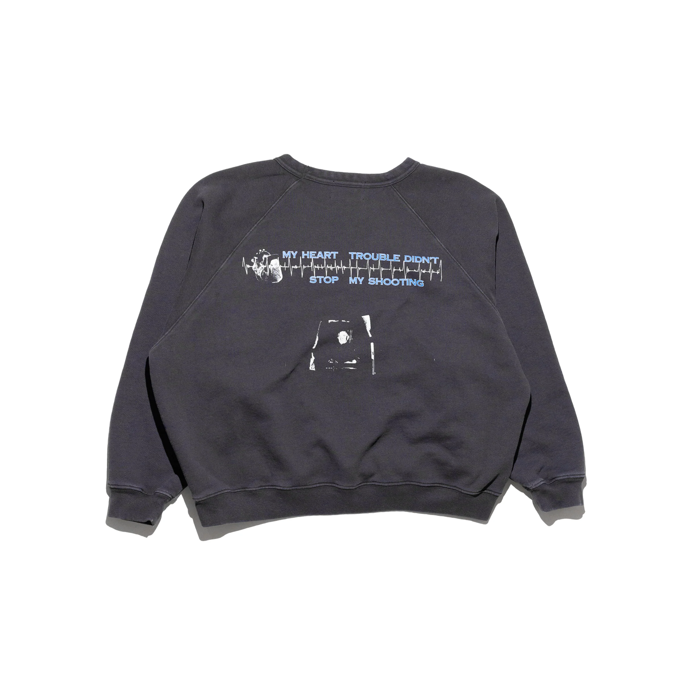 Black sweatshirt, back view showing printed pattern