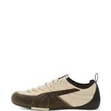 Tan sneakers, front view