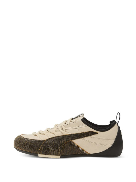 Tan sneakers, front view