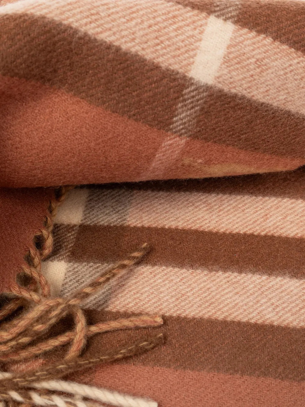 Close up of Brown scarf, showing texture of the 100% cashmere fabric
