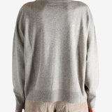 Grey knitwear worn by a person, showing the knitwear fit