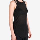 Black top worn by a person, showing the top fit