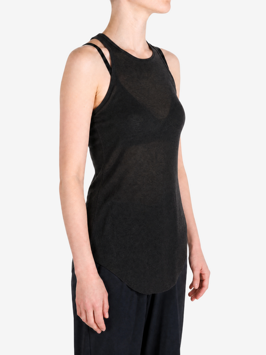 Black top worn by a person, showing the top fit