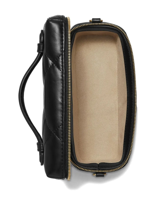 Close up of the black bag, showing texture of the leather fabric