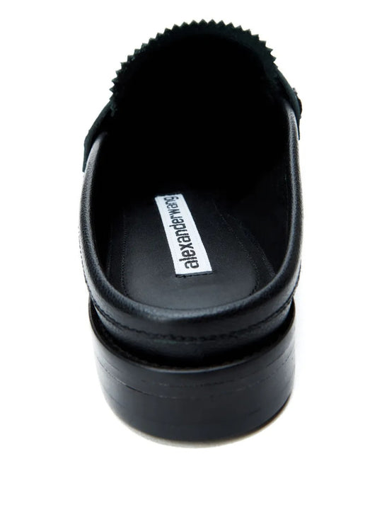 Close up of black Loafer, showing texture of the leather fabric