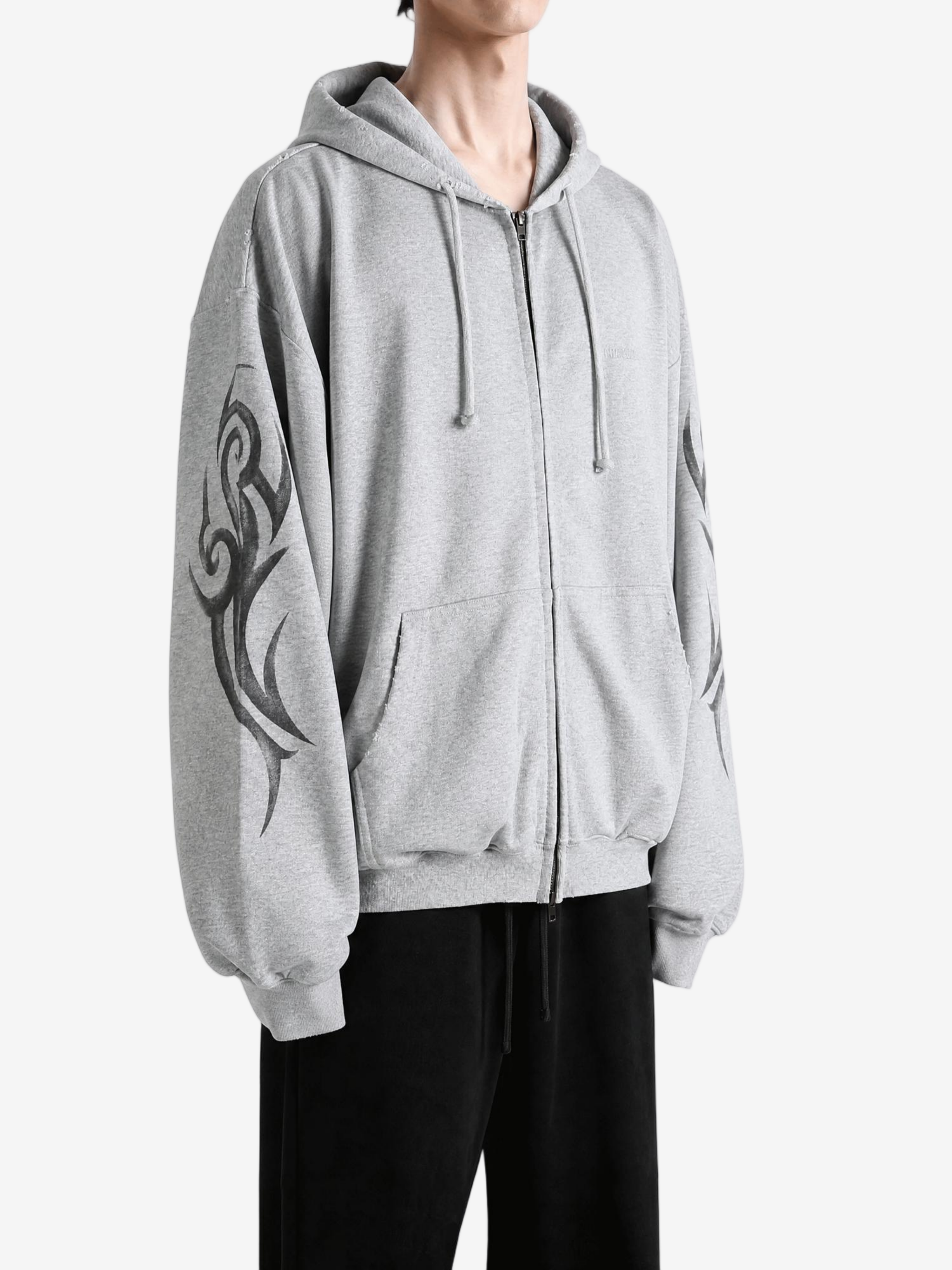 Grey t-shirt, full body view