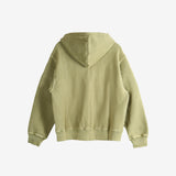 Green hoodie, back view showing relaxed fit
