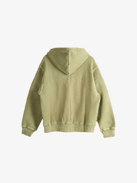 Green hoodie, back view showing relaxed fit