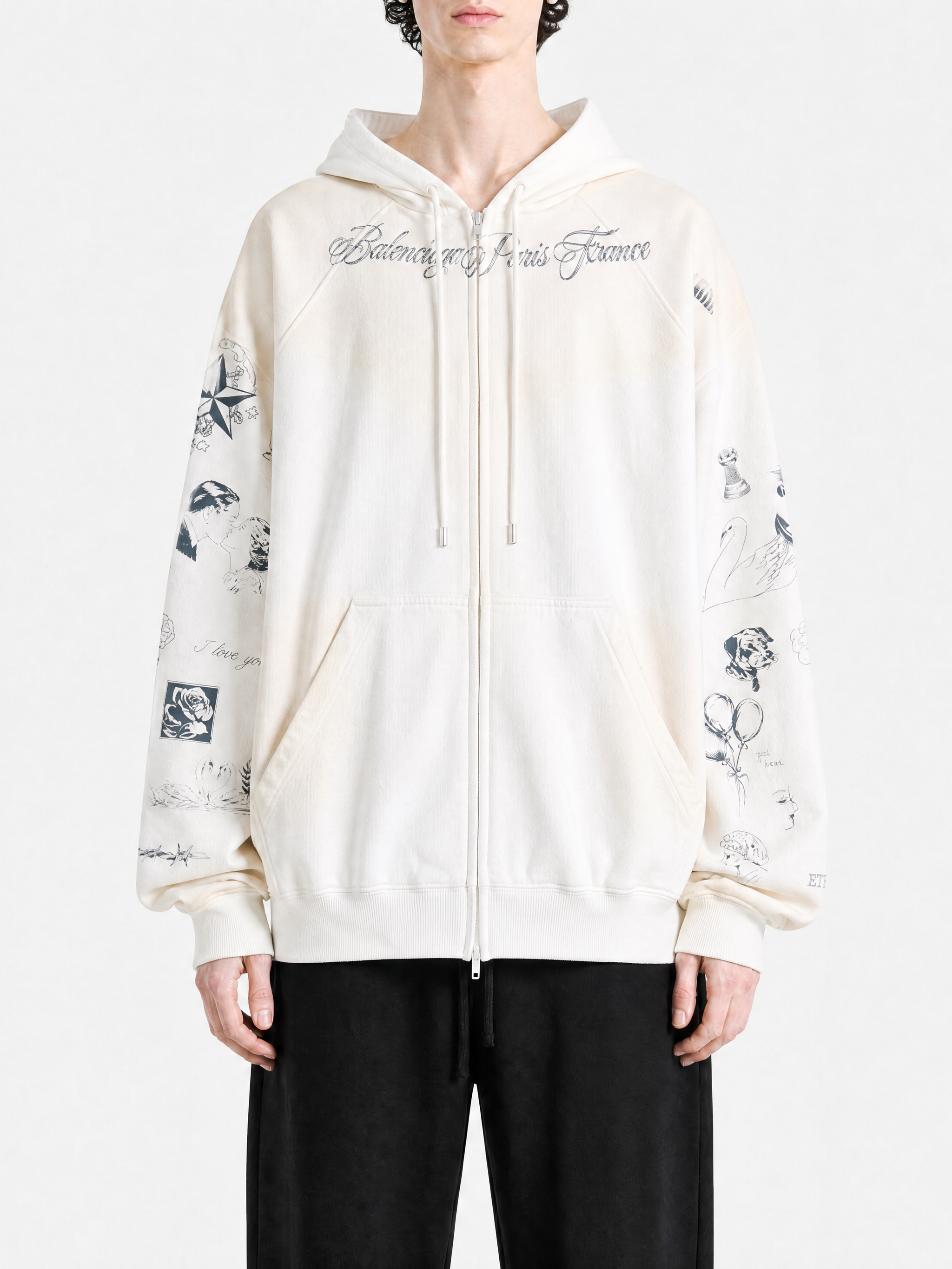 White hoodie, full body view