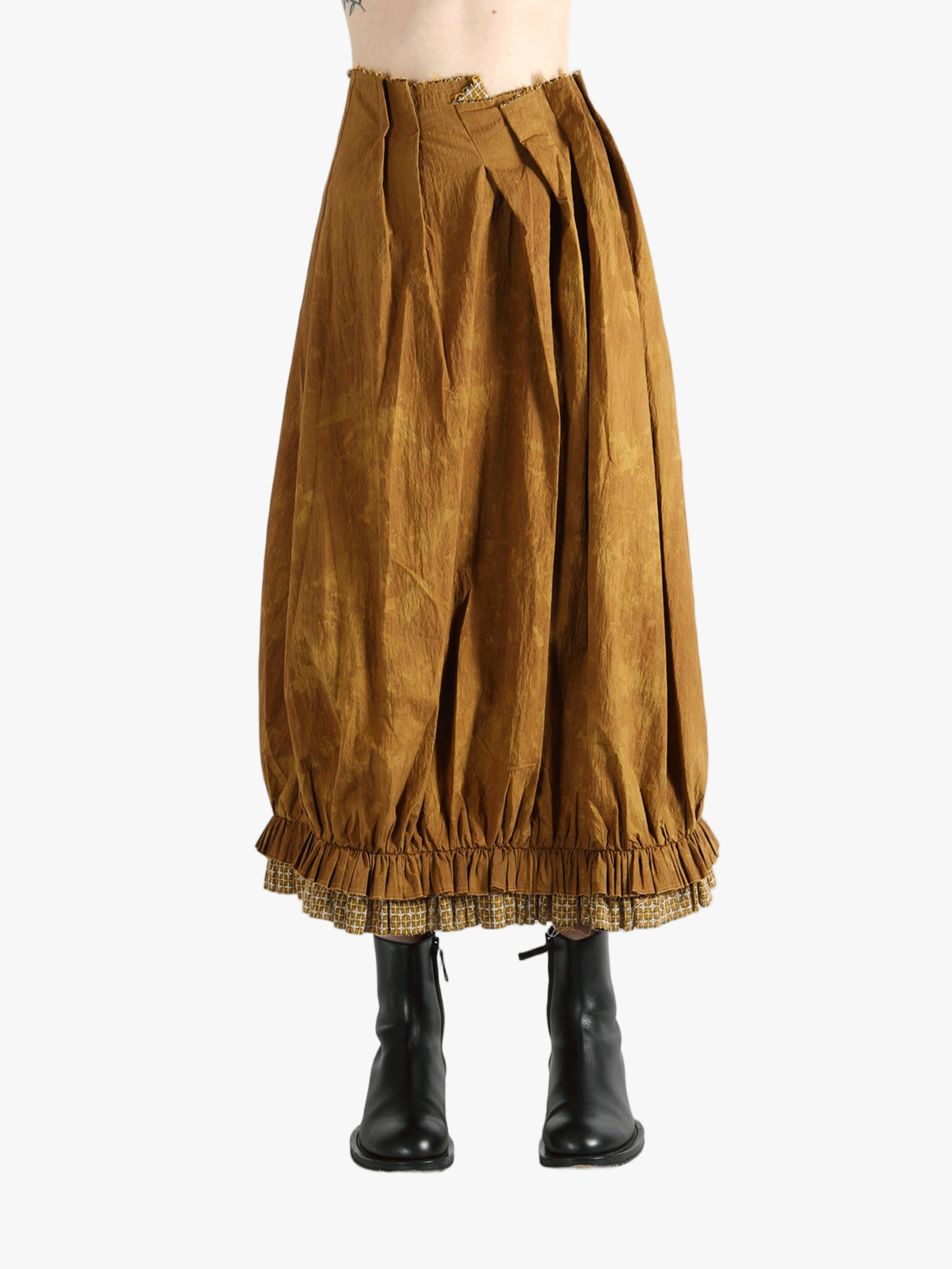 Yellow skirts worn by a person, showing the skirts' fit