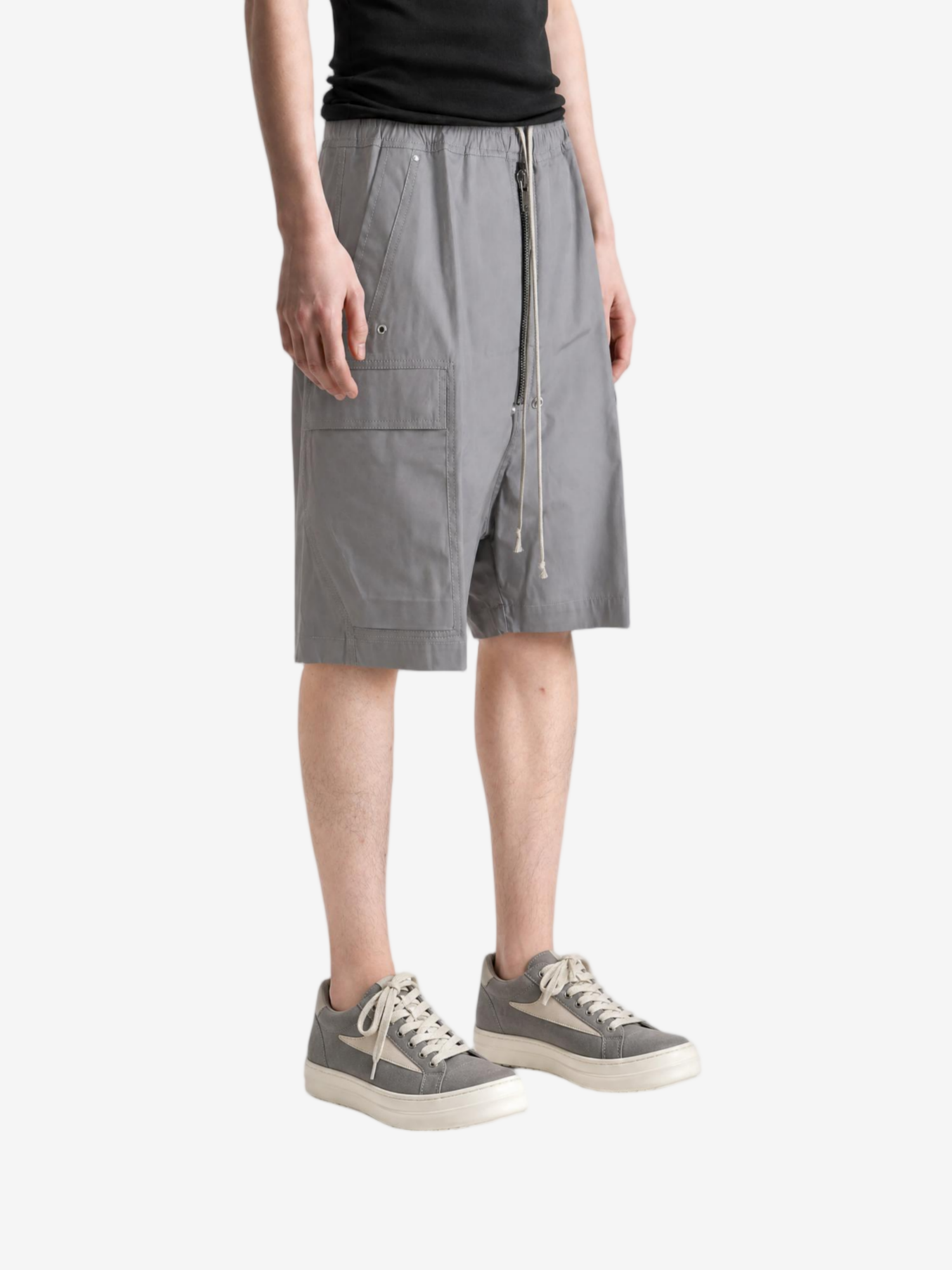 Grey shorts, full body view