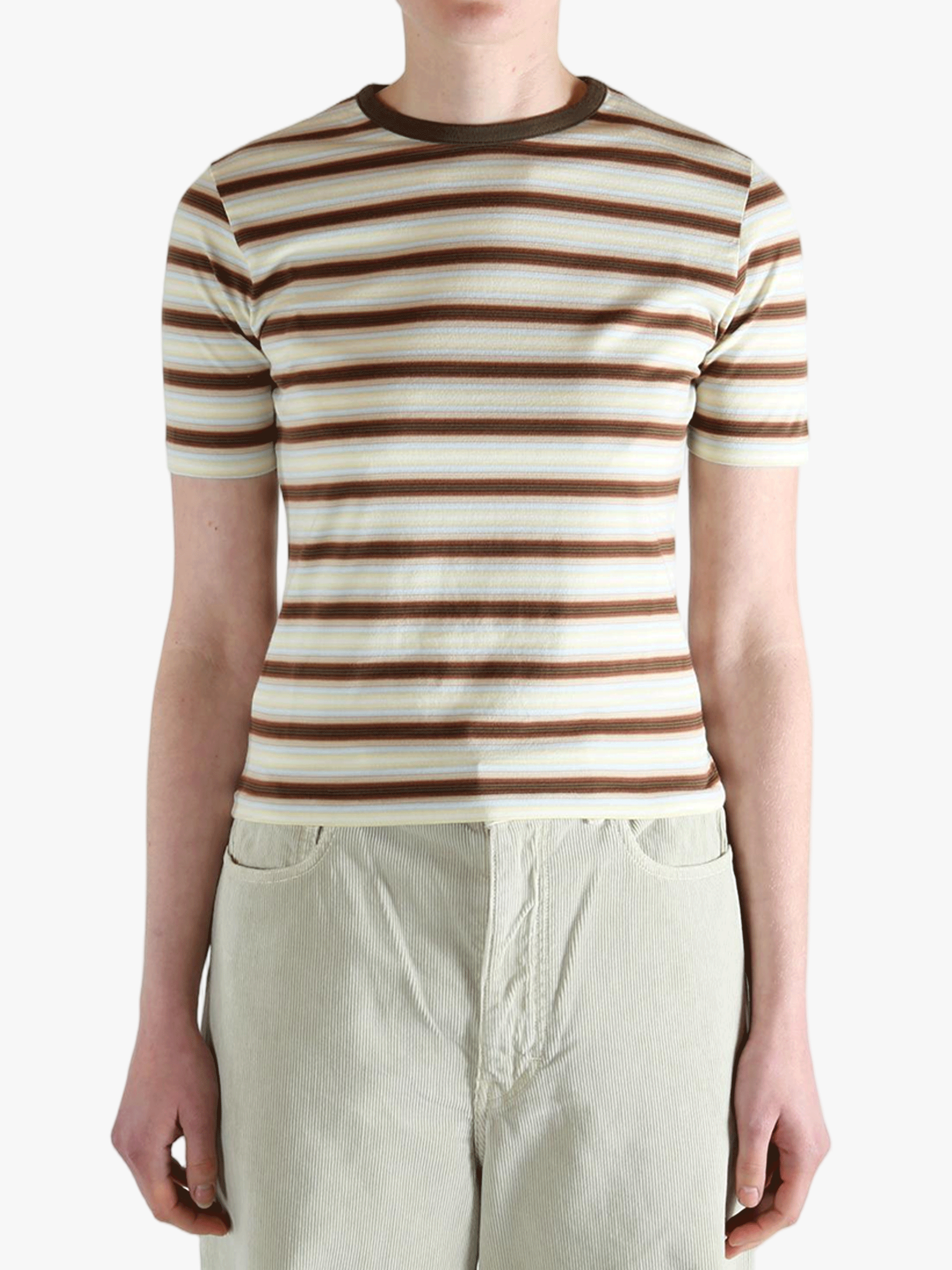 Brown t-shirt worn by a person, showing the t-shirt's fit