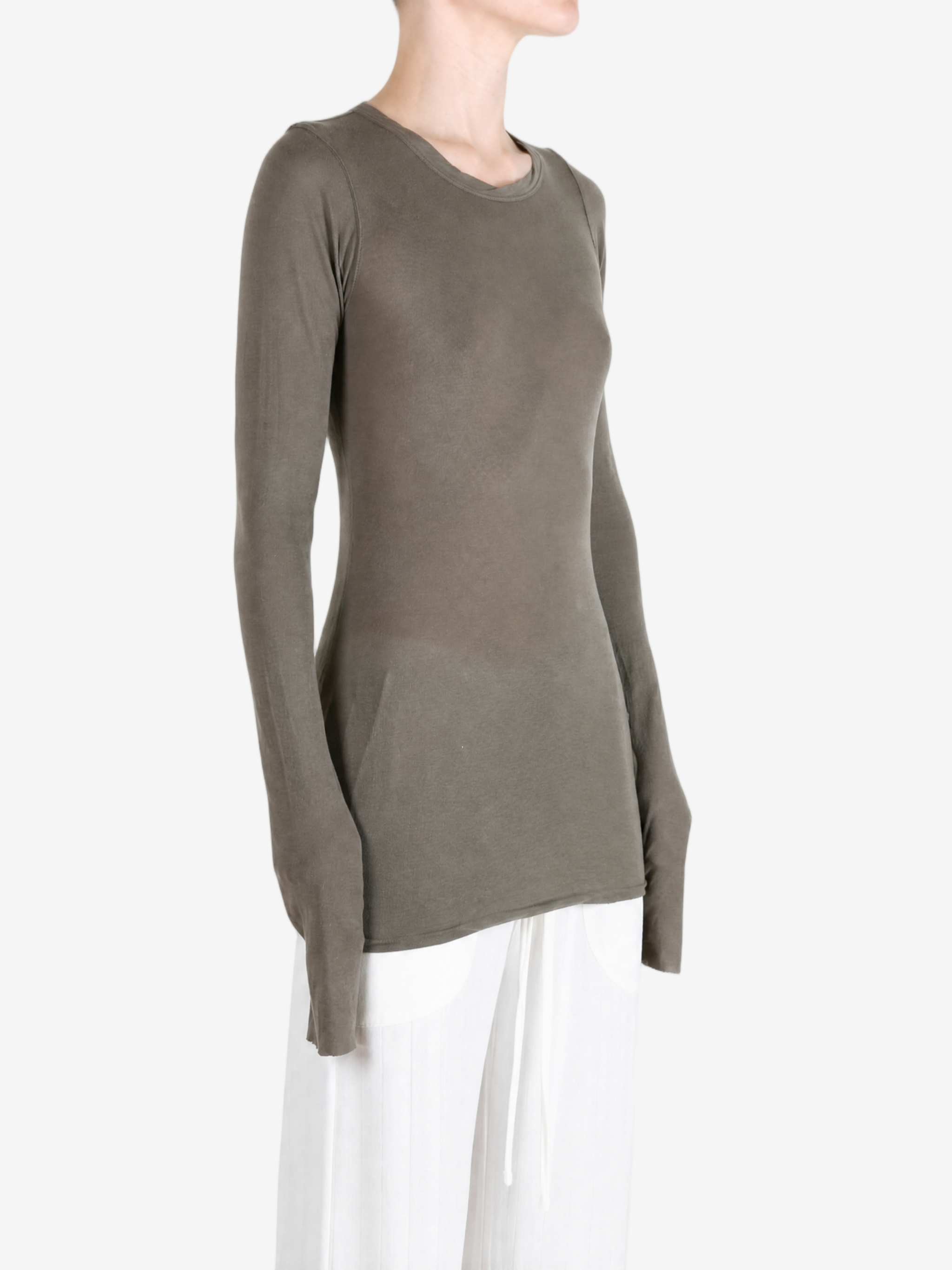 Grey t-shirt worn by a person, showing the t-shirt fit