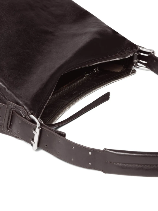 Close up of brown bag, showing texture of the Calf Leather fabric