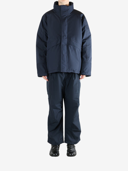 Navy jacket, full body view