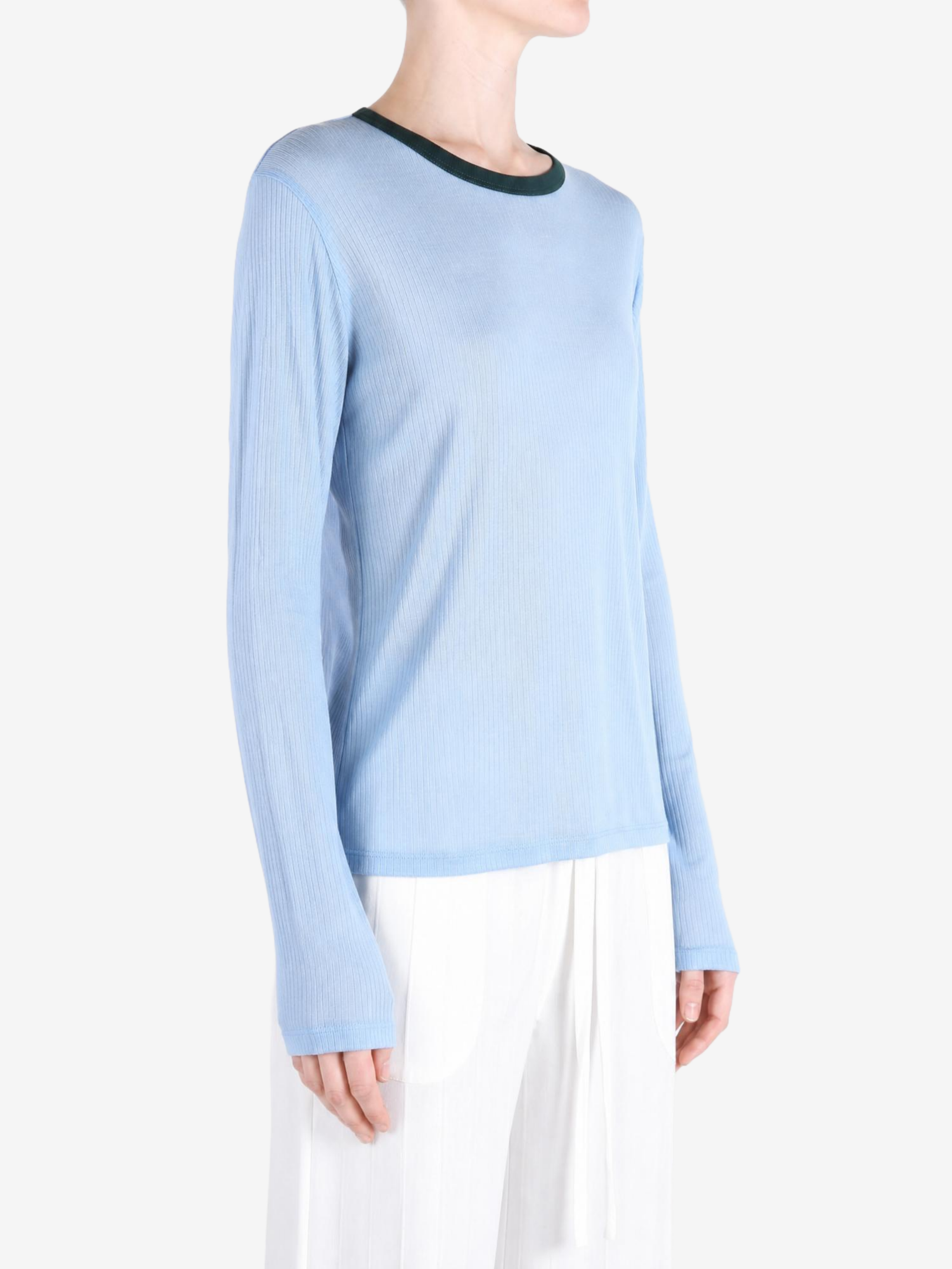 Blue t-shirt worn by a person, showing the t-shirt fit