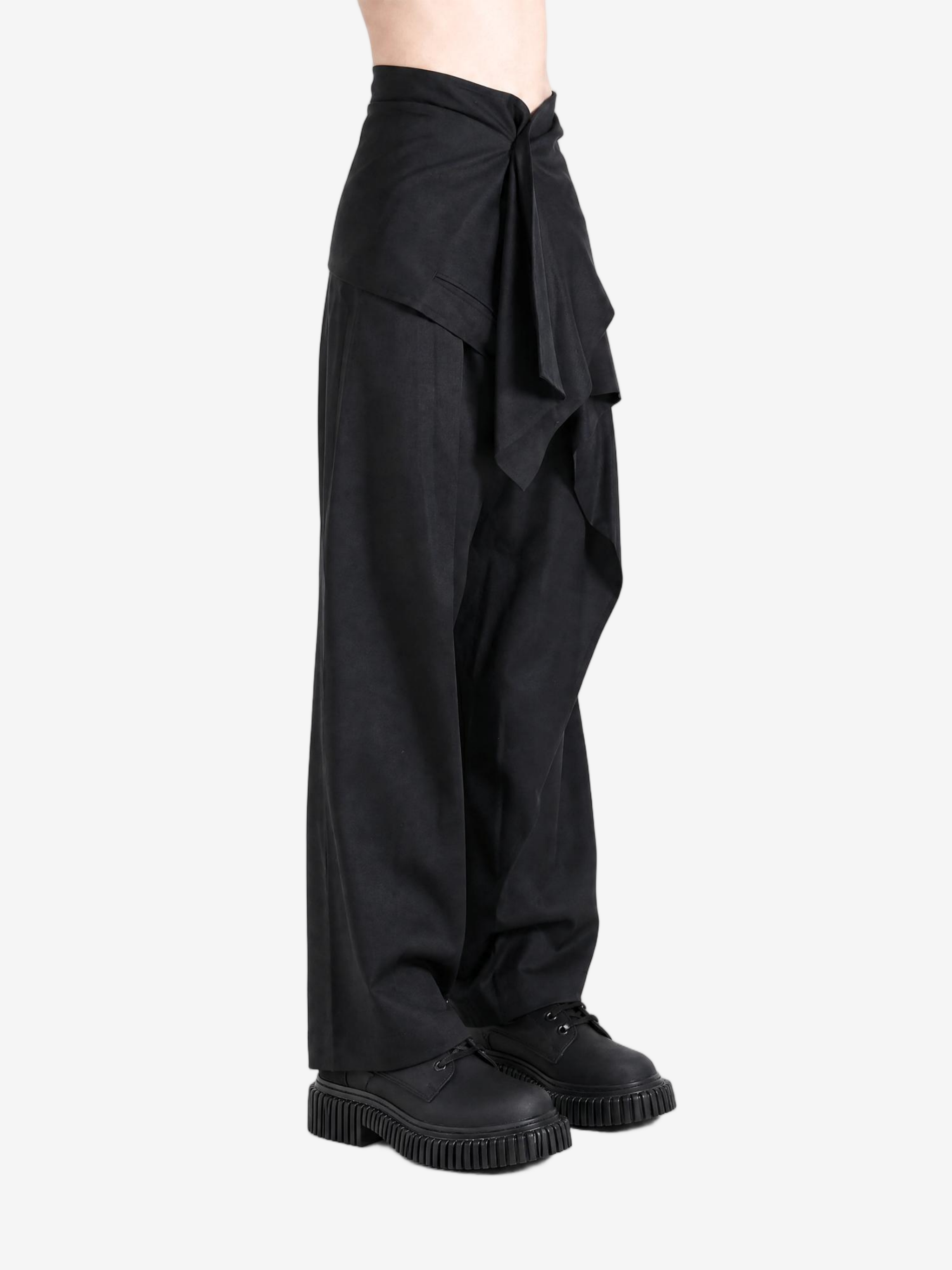 Black pants worn by a person, showing the pants fit