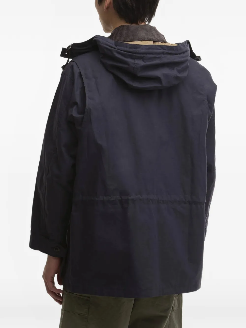 blue jackets and coats worn by a person, showing the jackets and coats fit