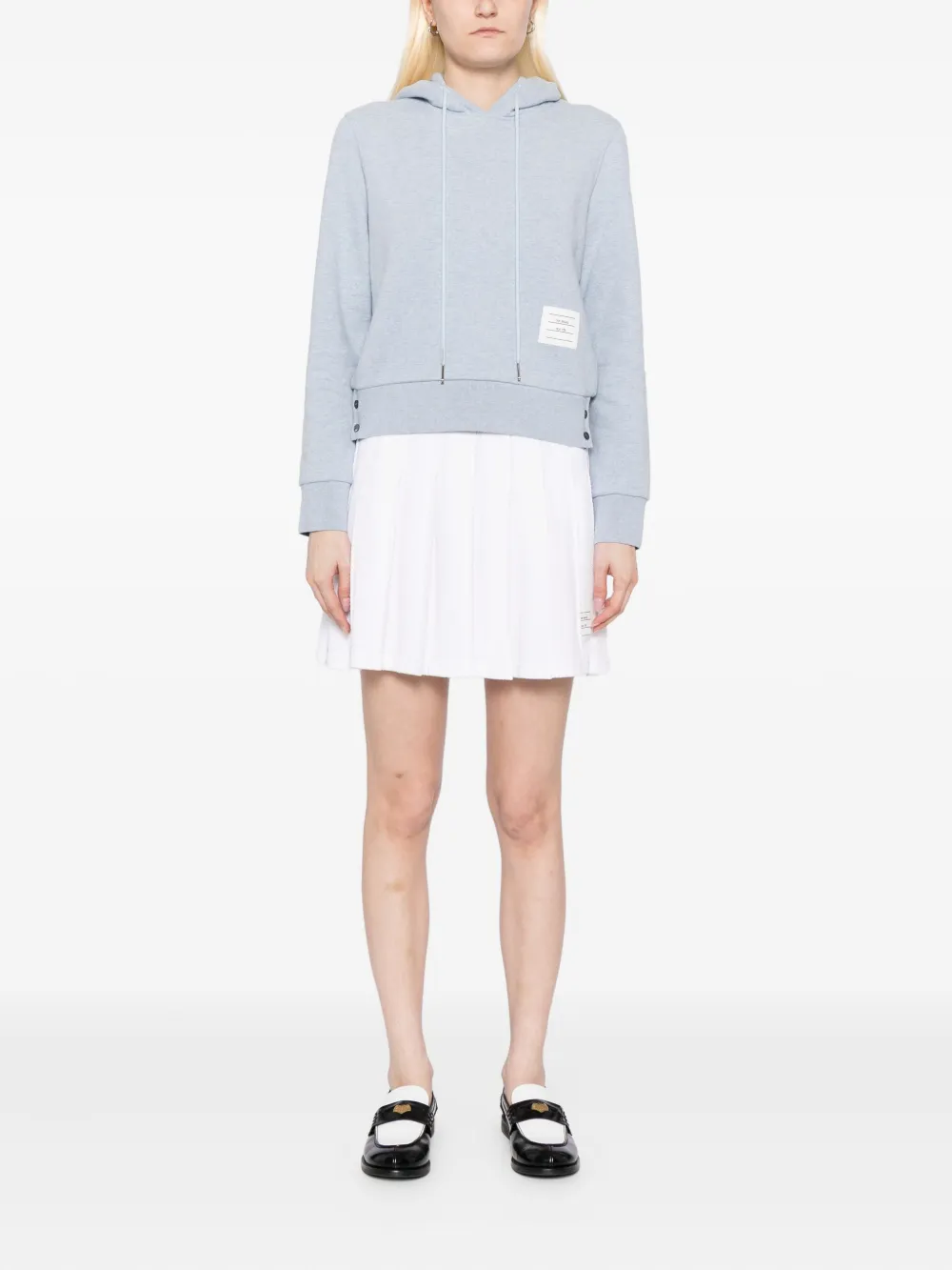 blue hoodie, full body view