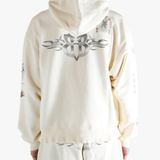 White hoodies worn by a person, showing the hoodies fit
