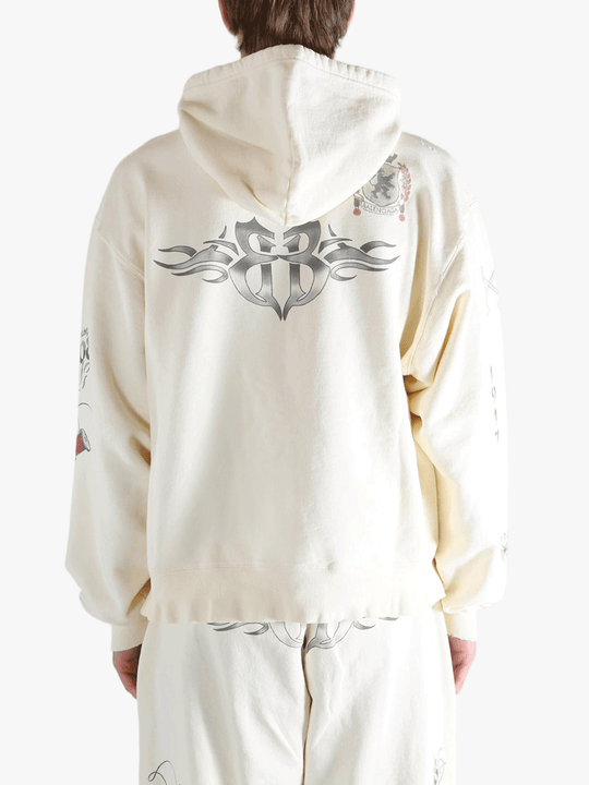 White hoodies worn by a person, showing the hoodies fit