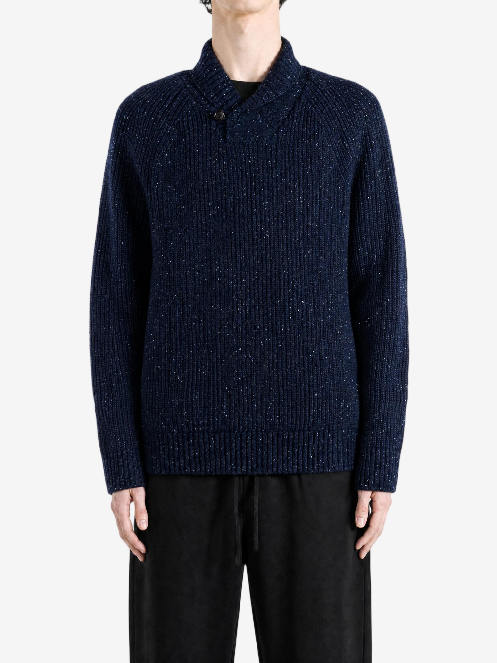 Navy hoodie, full body view