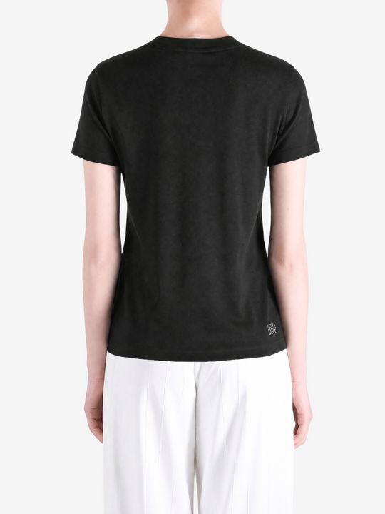 Black t-shirt worn by a person, showing the t-shirt fit