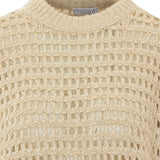 Close up of Tan hoodie, showing texture of the 38% lambs wool/ 31% cashmere/ 15% polyamide/ 8% mohair/ 8% polyester made in fabric