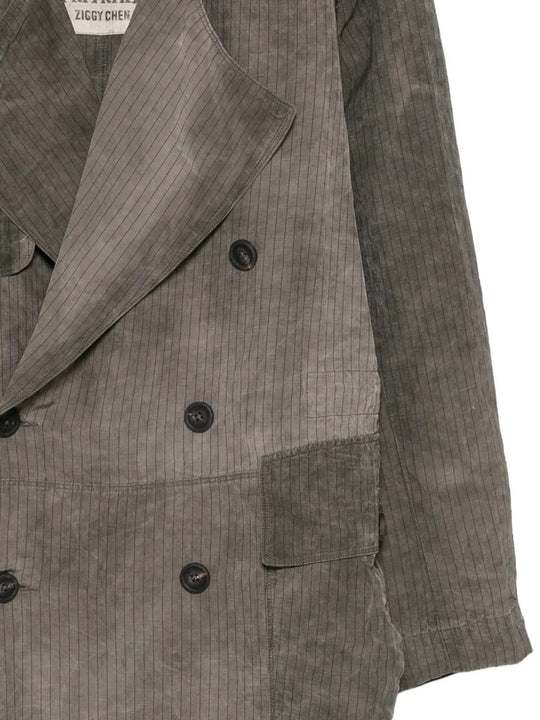 Close up of Grey jacket, showing texture of the 100% linen fabric
