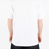 white t-shirt worn by a person, showing the t-shirt fit