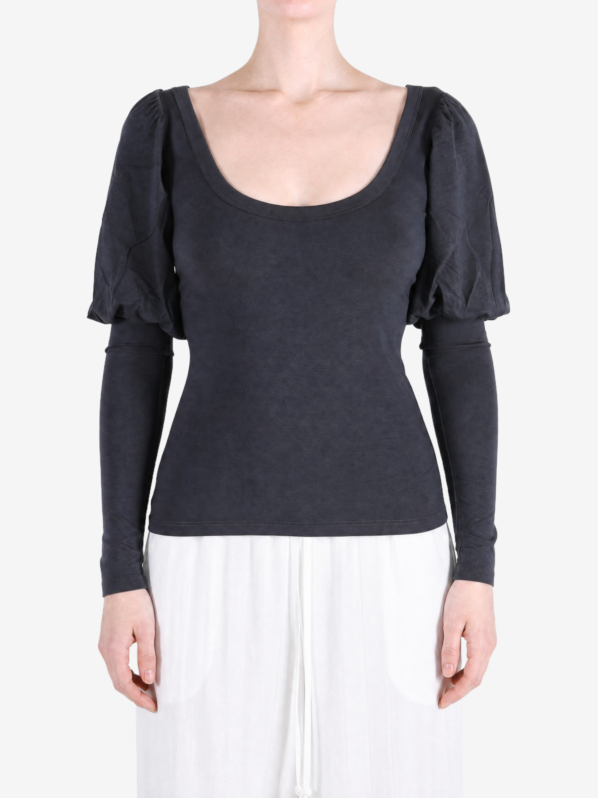 Navy top worn by a person, showing the top fit