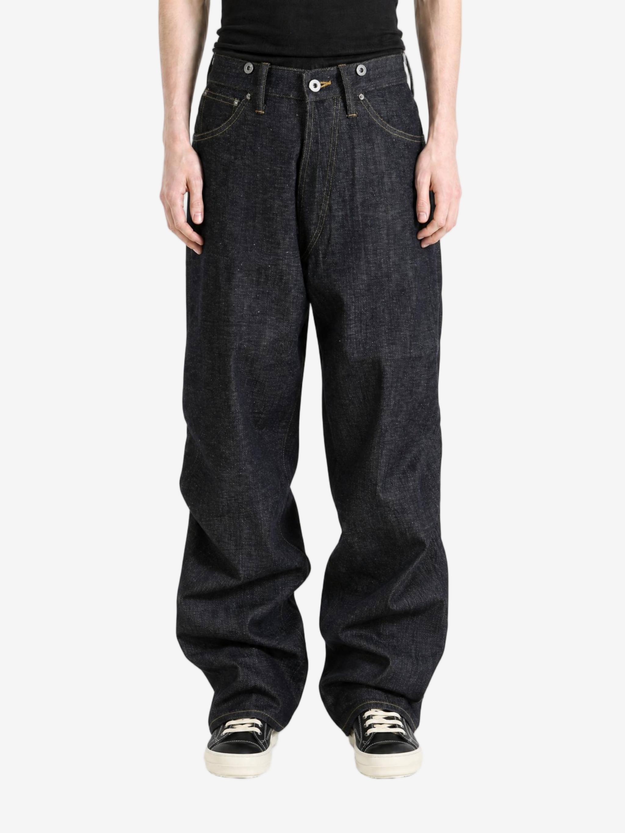 Navy pants, full body view