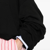 Close up of black jacket, showing texture of the cotton fabric