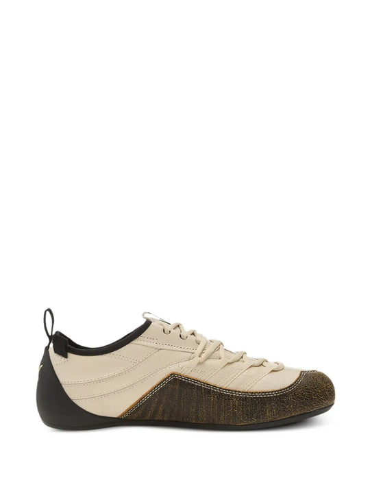 Tan sneakers, front view