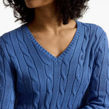 Blue knitwear worn by a person, showing the knitwear fit