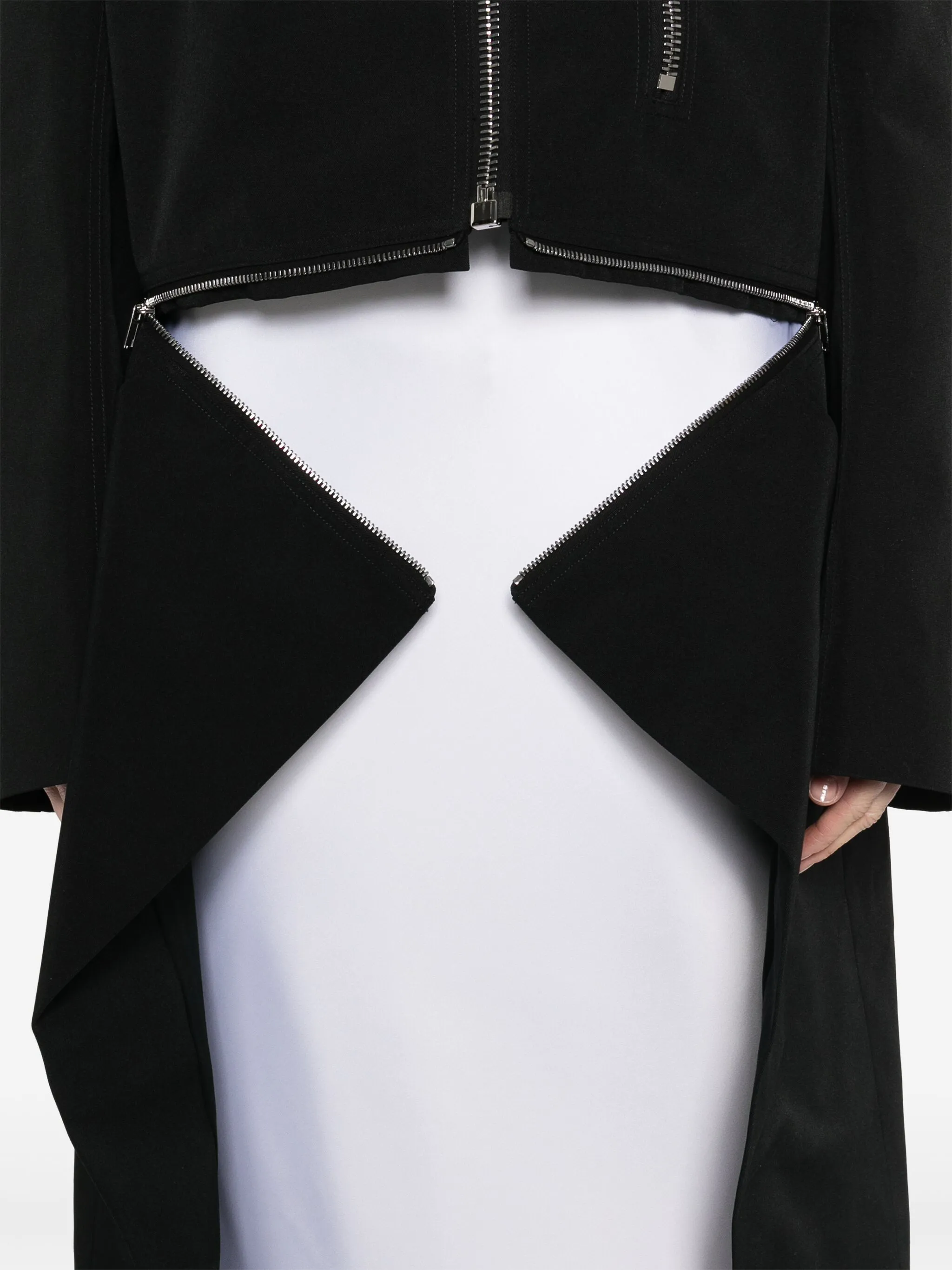 close up of black jacket, showing texture of the fabric
