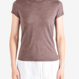 Brown t-shirt worn by a person, showing the t-shirt fit