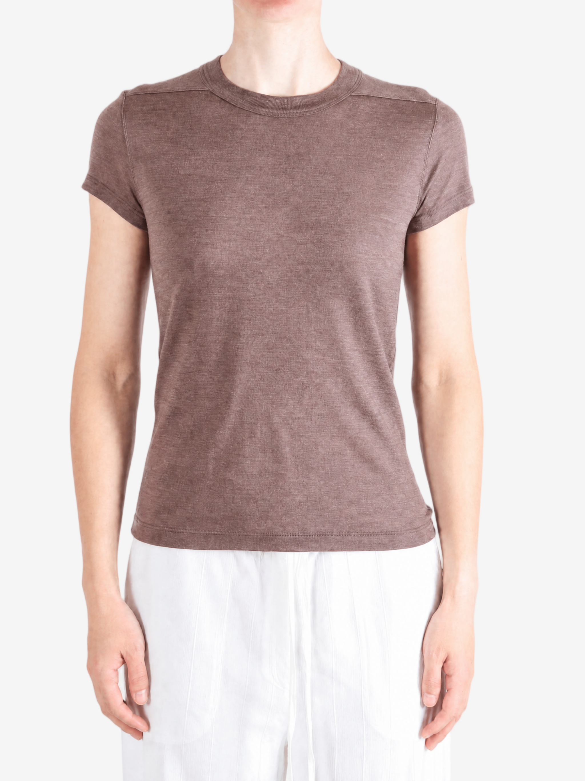 Brown t-shirt worn by a person, showing the t-shirt fit