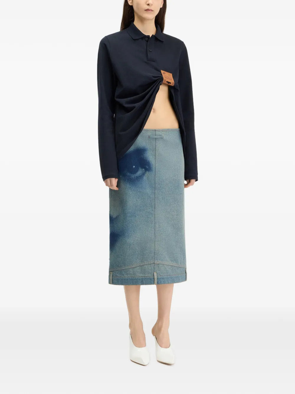 Blue skirt, full body view